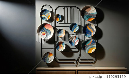 colorful hand-painted ceramic plates, showcasing abstract and modern art designs. Dishes mounted on an elegant metal rack against a dark gray wall 119295139