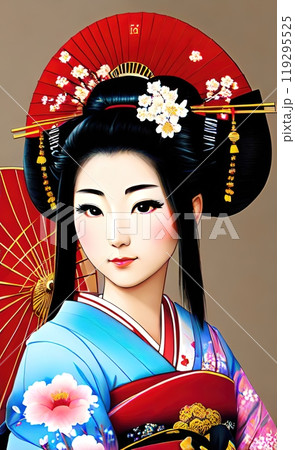 A Glimpse of Elegance: A Japanese Geisha in Her Kimono 119295525