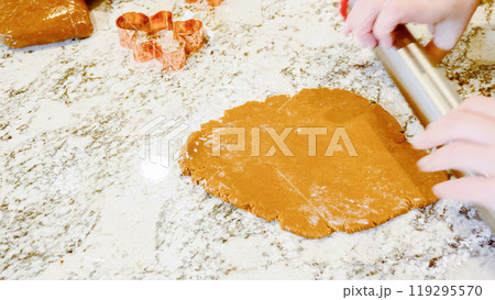 Using an adjustable rolling pin to roll out gingerbread cookie dough on the elegant marble counter in a modern kitchen, getting ready for festive holiday baking. Using an adjustable rolling pin to roll out gingerbread cookie dough on the elegant marble counter in a modern kitchen, getting ready for festive holiday baking. 119295570