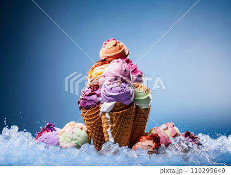 Vanilla, chocolate, and various fruit icecream in a waffle cones. Generative Ai 119295649