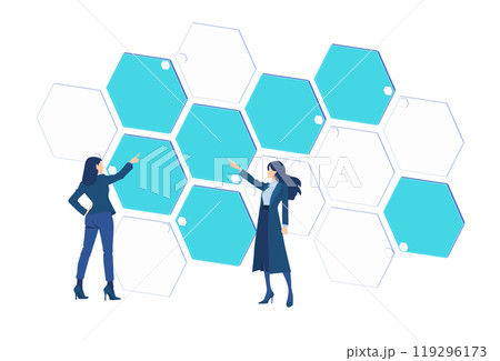 アイコンをタップするビジネスウーマンのイラスト 119296173