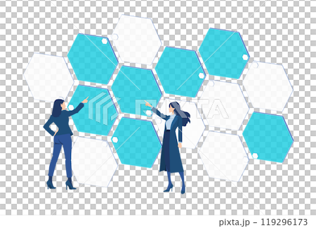 アイコンをタップするビジネスウーマンのイラスト 119296173