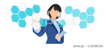 アイコンをタップするビジネスウーマンのイラスト 119296182