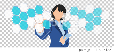 アイコンをタップするビジネスウーマンのイラスト 119296182