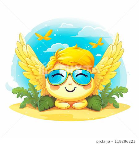 Angel emoticon summer icon. Emoji summer sticker. On white background. Ai Generative 119296223