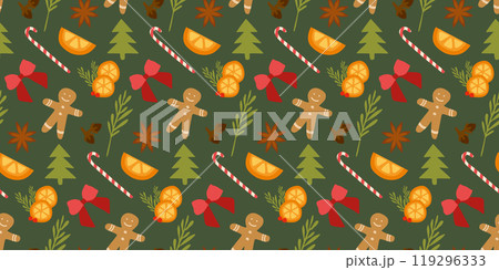 Seamless Christmas pattern, gingerbread cookies, tree, candy canes, red Bow, Orange, Anise, Glove on Green background. Vector Flat Festive Illustration, Template for New Year Decoration, Textile, Gift 119296333