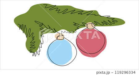 Continuous line drawing Christmas card with Fir branches, christmas balls. Vector Line art illustration for greeting card, invitation. Winter holidays poster, Decoration, Happy new year Design Element Continuous line drawing Christmas card with Fir branches, christmas balls. Vector Line art illustration for greeting card, invitation. Winter holidays poster, Decoration, Happy new year Design Element 119296334