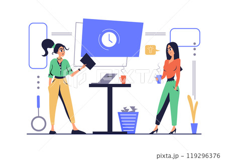 Recruitment concept in modern flat cartoon design for web. Woman searching and selecting online resume, finding best candidates for job applicant, interviewing hiring workers. Vector illustration. 119296376