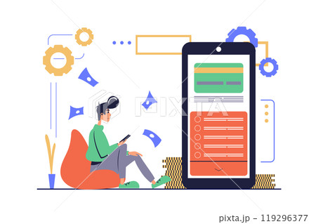 Mobile banking concept in modern flat cartoon design for web. Man managing credit cards and personal financial account in app, making transactions or transfers, using cashback. Vector illustration. Mobile banking concept in modern flat cartoon design for web. Man managing credit cards and personal financial account in app, making transactions or transfers, using cashback. Vector illustration. 119296377