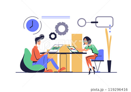 Benchmarking concept in modern flat cartoon design for web. Man and woman doing strategic analysis for business, benchmark performance and monitoring financial statistic chart. Vector illustration. Benchmarking concept in modern flat cartoon design for web. Man and woman doing strategic analysis for business, benchmark performance and monitoring financial statistic chart. Vector illustration. 119296416