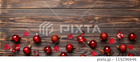 Christmas composition. a pattern of christmas balls on colored background. Flat lay, top view New year decor 119296646