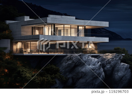 Luxury concrete mansion on the cliff overlooking the ocean at sunset. Generative Ai Luxury concrete mansion on the cliff overlooking the ocean at sunset. Generative Ai 119296703