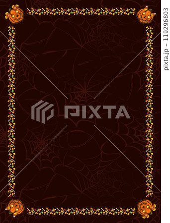 Vintage vertical frame A4 made with candy, childish pumpkin head. Dark red textured background with copy space. Halloween holiday decoration. Template for menu, poster, invitation Vintage vertical frame A4 made with candy, childish pumpkin head. Dark red textured background with copy space. Halloween holiday decoration. Template for menu, poster, invitation 119296803