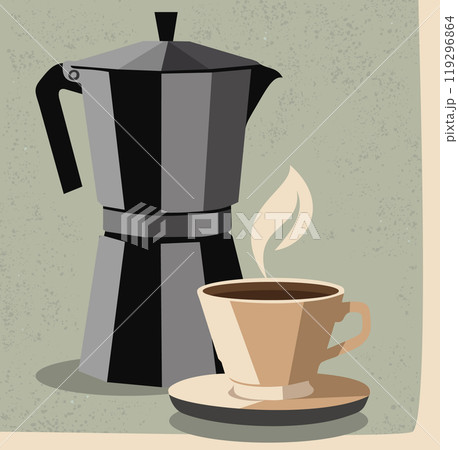 Coffee time. Vector illustration in retro style with coffee pot and coffee cup on light green background Coffee time. Vector illustration in retro style with coffee pot and coffee cup on light green background 119296864