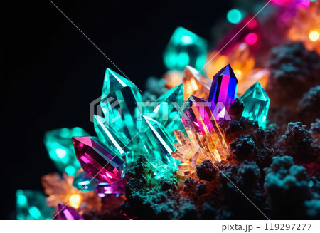 Cluster of colorful fantasy glowing crystals on black background 119297277