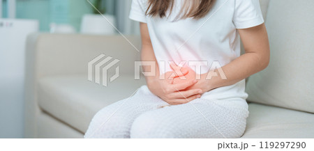woman having abdomen ache due to Stomach pain, digestion with constipation or Diarrhea from food poisoning, female problem and Endometriosis, Hysterectomy, Stomachache and Menstrual on sofa at home woman having abdomen ache due to Stomach pain, digestion with constipation or Diarrhea from food poisoning, female problem and Endometriosis, Hysterectomy, Stomachache and Menstrual on sofa at home 119297290