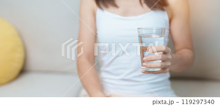 Happy woman holding water glass, female drinking pure water on sofa at home. Healthy, Refreshment, lifestyle and daily routine concept Happy woman holding water glass, female drinking pure water on sofa at home. Healthy, Refreshment, lifestyle and daily routine concept 119297340