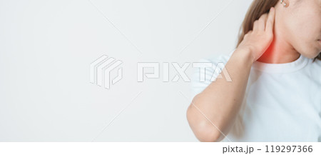 Woman having Neck and Shoulder pain at home. Muscle painful due to Myofascial pain syndrome and Fibromyalgia, rheumatism, Scapular pain, Cervical Spine. ergonomic concept 119297366
