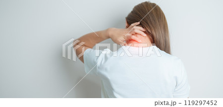 Woman having Neck and Shoulder pain at home. Muscle painful due to Myofascial pain syndrome and Fibromyalgia, rheumatism, Scapular pain, Cervical Spine. ergonomic concept Woman having Neck and Shoulder pain at home. Muscle painful due to Myofascial pain syndrome and Fibromyalgia, rheumatism, Scapular pain, Cervical Spine. ergonomic concept 119297452