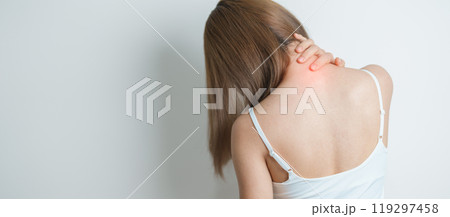 Woman having Neck and Shoulder pain at home. Muscle painful due to Myofascial pain syndrome and Fibromyalgia, rheumatism, Scapular pain, Cervical Spine. ergonomic concept Woman having Neck and Shoulder pain at home. Muscle painful due to Myofascial pain syndrome and Fibromyalgia, rheumatism, Scapular pain, Cervical Spine. ergonomic concept 119297458