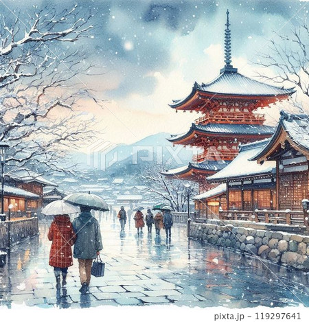 雪が降っている古都の風景 石畳を歩く夫婦の後ろ姿 雪が降っている古都の風景 石畳を歩く夫婦の後ろ姿 119297641