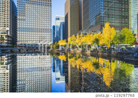 秋の東京都市風景 水面に映る日比谷通りのイチョウ並木と高層ビル群【東京都・千代田区】 秋の東京都市風景 水面に映る日比谷通りのイチョウ並木と高層ビル群【東京都・千代田区】 119297768