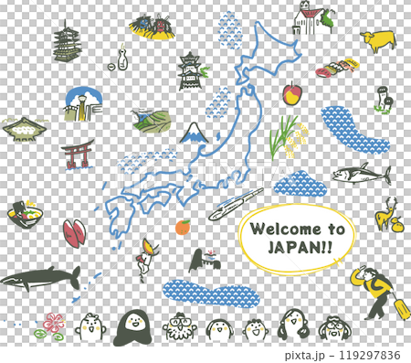 日本地圖、日本著名歷史遺跡和特產以及微笑的人們的庫存插圖素材集 119297836