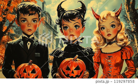 Boy in vampire costume and girl in a demon costume go trick-or-treating on Halloween 119297858