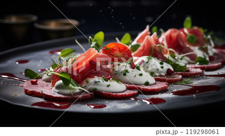 Carpaccio served lakshari style in the kitchen. A traditional Italian food. Carpaccio, a Culinary Masterpiece 119298061