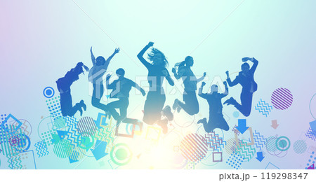 ジャンプする幅広い世代の多国籍の人々 バナー・広告向け横長ビジュアル ジャンプする幅広い世代の多国籍の人々 バナー・広告向け横長ビジュアル 119298347