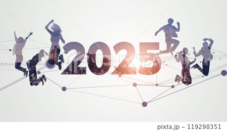 ジャンプする幅広い世代の多国籍の人々　2025年新年イメージ　ビジネス向け年賀状素材 119298351