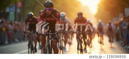 A group of cyclists racing on a street during a sunset marathon event, with the golden light creating long shadows. The scene captures the energy and competitiveness of the race. 119298938