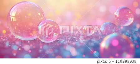 A close-up view of colorful soap bubbles floating gracefully through the air, illuminated by soft sunlight. The bright reflections and sparkling bubbles create a whimsical and dreamy atmosphere. 119298939