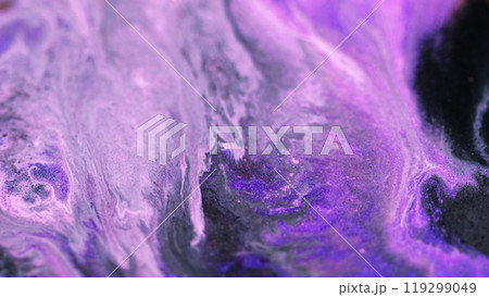 Paint spill. Wet acrylic drip. Blur purple black pink color particles texture ink stream wave flow abstract background. 119299049