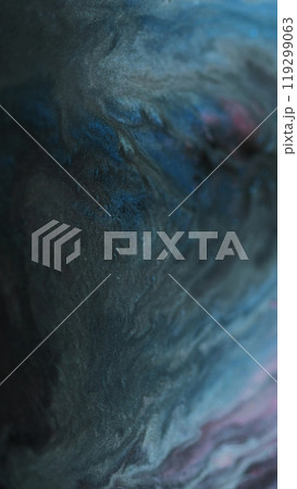 Dark paint mix. Fluid glitter spill. Defocused black blue gray color sparkling dye flow wave metallic abstract art background. 119299063