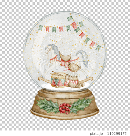 Snow Globe with retro Toys. Watercolor illustration of glass sphere with rocking Horse and Teddy Bear for Christmas greeting cards or New Year invitations. Drawing of transparent round winter decor. 119299175
