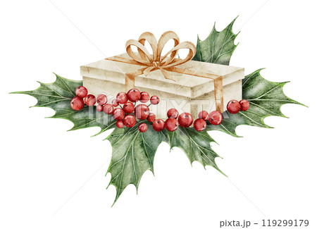 Present with golden ribbon surrounded holly berries and green leaves. Watercolor illustration of beige gift box and Christmas plants for holiday greeting cards or new year party invitations. 119299179