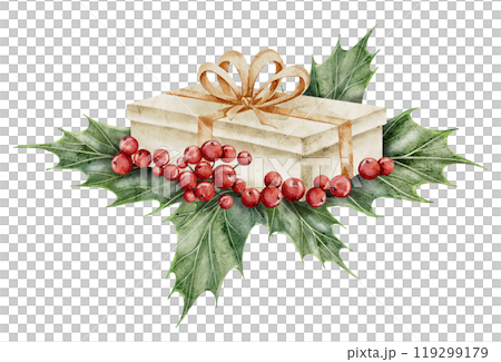 Present with golden ribbon surrounded holly berries and green leaves. Watercolor illustration of beige gift box and Christmas plants for holiday greeting cards or new year party invitations. Present with golden ribbon surrounded holly berries and green leaves. Watercolor illustration of beige gift box and Christmas plants for holiday greeting cards or new year party invitations. 119299179