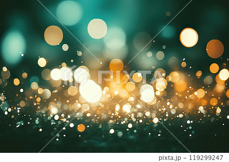 Enchanting Emerald Elegance Abstract Blur Bokeh Background with Gold, Green, and White Sparkles, Transforming the Canvas into a Dazzling Display of Defocused Brilliance. created with Generative AI 119299247
