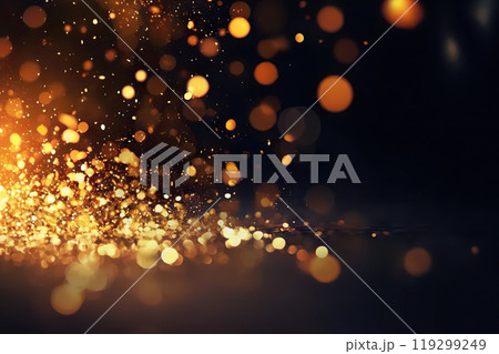 Mystical Midnight Glow Abstract Blur Bokeh Background with Ethereal Gold Lights Illuminating the Black Canvas, Creating an Enigmatic Atmosphere. created with Generative AI 119299249