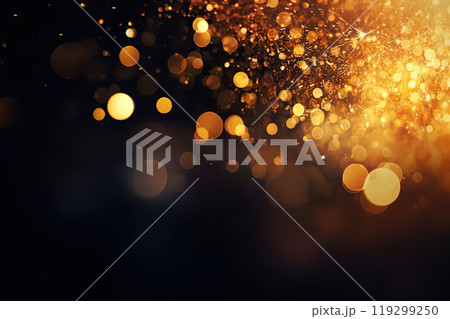 Mystical Midnight Glow Abstract Blur Bokeh Background with Ethereal Gold Lights Illuminating the Black Canvas, Creating an Enigmatic Atmosphere. created with Generative AI 119299250