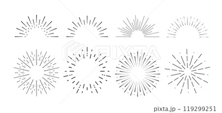 Sun ray vector drawing. Black round icons set. Burst logo. 119299251