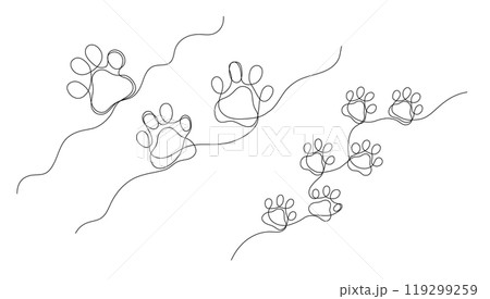 Dog or cat paw one continuous line illustrations. Doodle animal print Dog or cat paw one continuous line illustrations. Doodle animal print 119299259