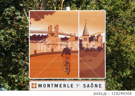 Touristic signboard with the city of Montmerle sur Saone in France 119299308
