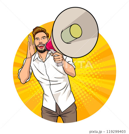 Avatar of man or business person in various poses, circle background, pop art comics style 119299403