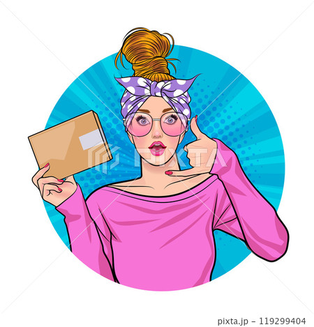 Avatar of woman or business person in various poses, circle background, pop art comics style Avatar of woman or business person in various poses, circle background, pop art comics style 119299404