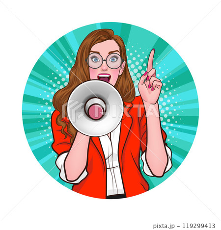 Avatar of woman or business person in various poses, circle background, pop art comics style Avatar of woman or business person in various poses, circle background, pop art comics style 119299413
