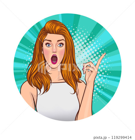 Avatar of woman or business person in various poses, circle background, pop art comics style Avatar of woman or business person in various poses, circle background, pop art comics style 119299414