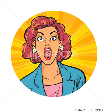 Avatar of woman or business person in various poses, circle background, pop art comics style Avatar of woman or business person in various poses, circle background, pop art comics style 119299419