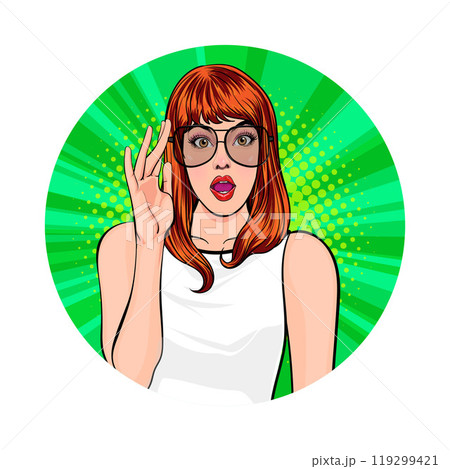 Avatar of woman or business person in various poses, circle background, pop art comics style Avatar of woman or business person in various poses, circle background, pop art comics style 119299421